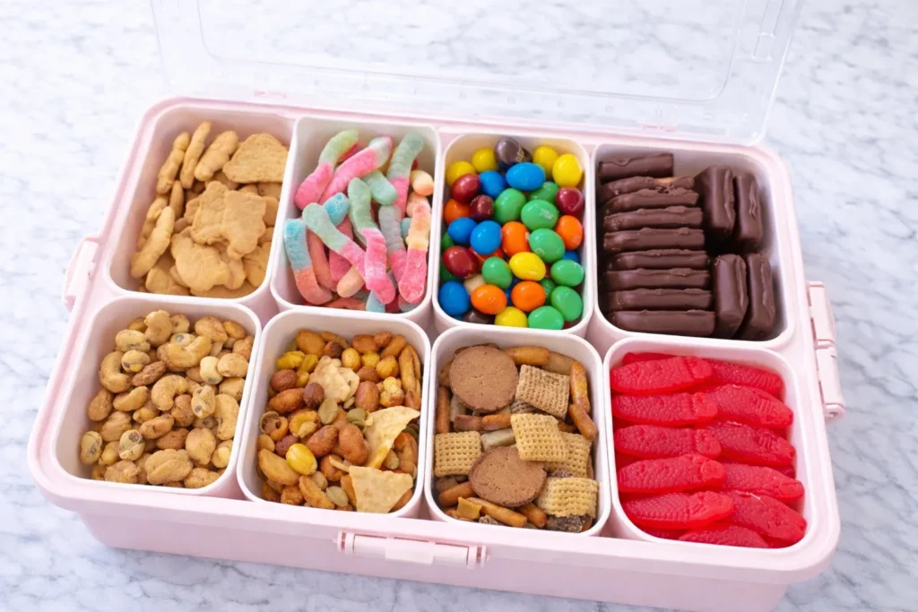 A pastel snackle box arranged with easy finger foods in separate compartments