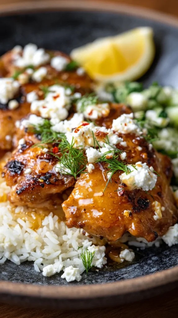 Hot honey feta chicken served with fluffy rice, topped with crumbled feta and parsley, with extra sticky spicy honey glaze spooned over the plate.