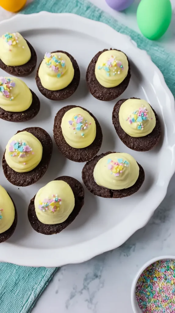 Egg-shaped Easter brownies on a white platter with dollops of light yellow icing and pastel sprinkles set on a sleek white marble kitchen counter.
