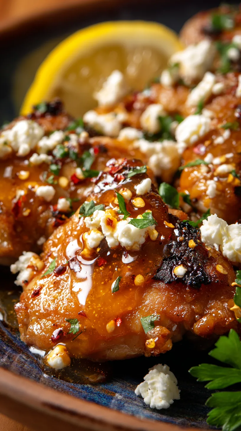 Hot honey feta chicken on a plate, with caramelized roasted thighs glazed in sticky spicy honey sauce, topped with crumbled feta, red pepper flakes, and chopped parsley.