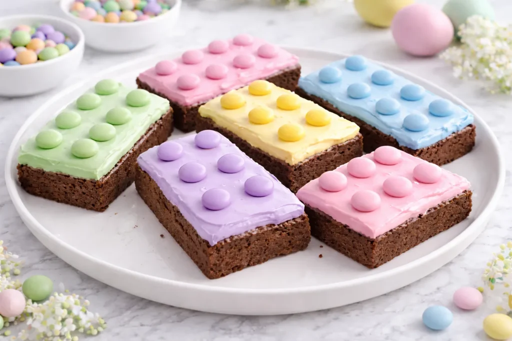 Homemade rectangular brownies topped with pastel blue, pink, yellow, lavender, and mint frosting with matching pastel candy pieces on a white plate on a white marble surface.