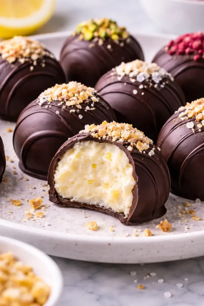 Dark chocolate lemon truffle broken open on a speckled white plate, showing a creamy ivory center with tiny lemon zest flecks, surrounded by topped truffles with vanilla wafer crumbs, pistachios, raspberries, coconut, and flaky salt.