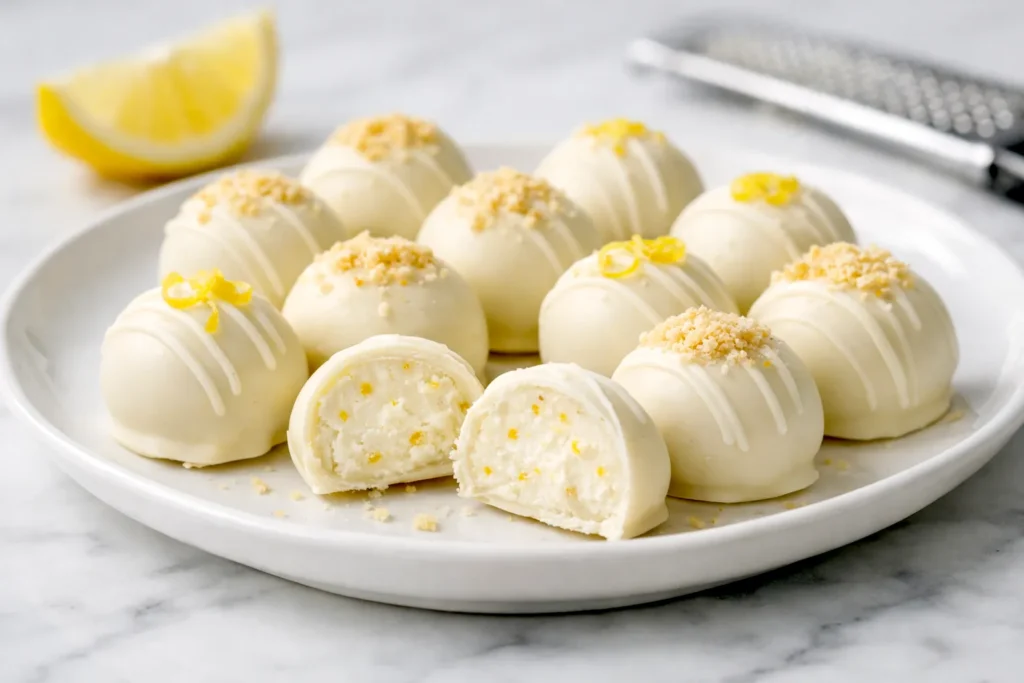 White chocolate lemon truffles on a white plate with one truffle cut open to show a creamy ivory center with tiny lemon zest flecks, topped with lemon zest and vanilla wafer crumbs on a marble countertop.