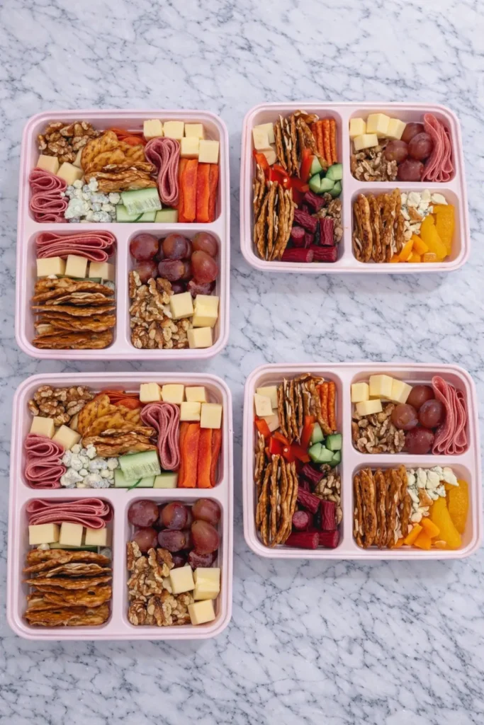 A salty snackle box with crackers, nuts, cheese, meats, and savory bites