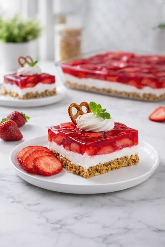 Overhead view of strawberry pretzel salad ingredients on a white marble counter with crushed pretzels, melted butter, sliced strawberries, sugar, whipped topping, cream cheese, strawberry gelatin, and boiling water