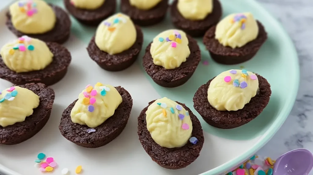 White platter of chocolate Easter brownies shaped like deviled eggs and topped with pale yellow icing and pastel sprinkles on a marble counter.