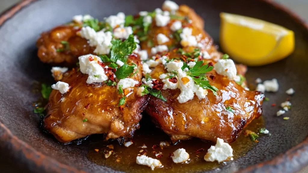 Hot honey feta chicken on a rustic dark plate with caramelized roasted thighs, glossy amber hot honey sauce, red pepper flakes, crumbled feta, chopped parsley, and a lemon wedge in warm natural light.