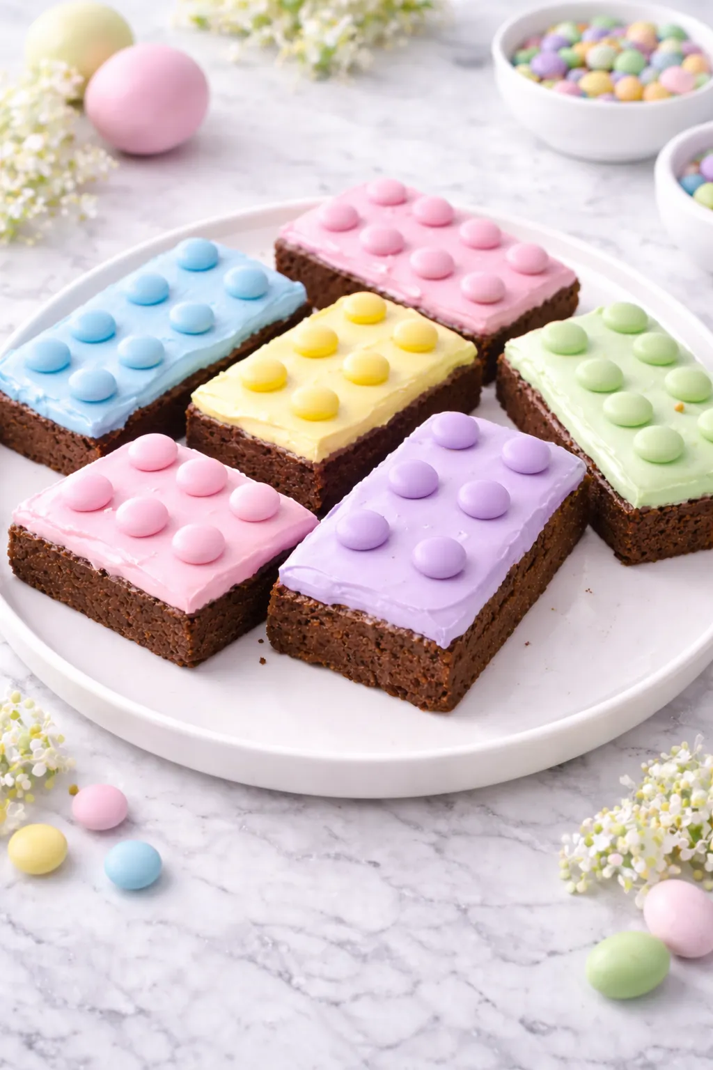 Homemade rectangular brownies topped with pastel blue, pink, yellow, lavender, and mint frosting with matching pastel candy pieces on a white plate on a white marble surface.