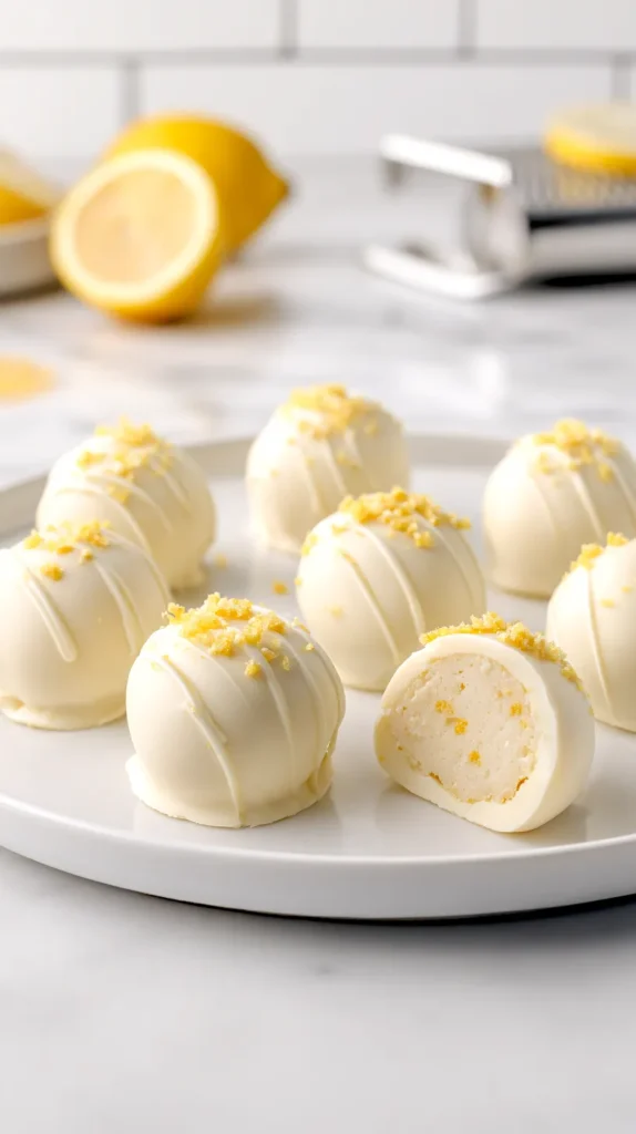White chocolate lemon truffles on a white plate with one truffle cut open to show a creamy ivory center with tiny lemon zest flecks, topped with lemon zest and vanilla wafer crumbs on a marble countertop.