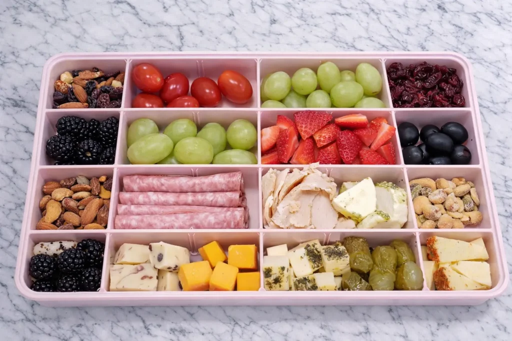 A sweet snackle box filled with gummies, chocolate, fruit, buts, meats, cheese, cookies, and colorful candy