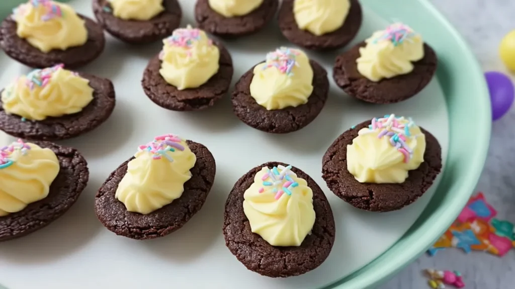 White platter of Easter-themed deviled egg brownies topped with light yellow icing and pastel sprinkles on a minimalist white marble kitchen counter.