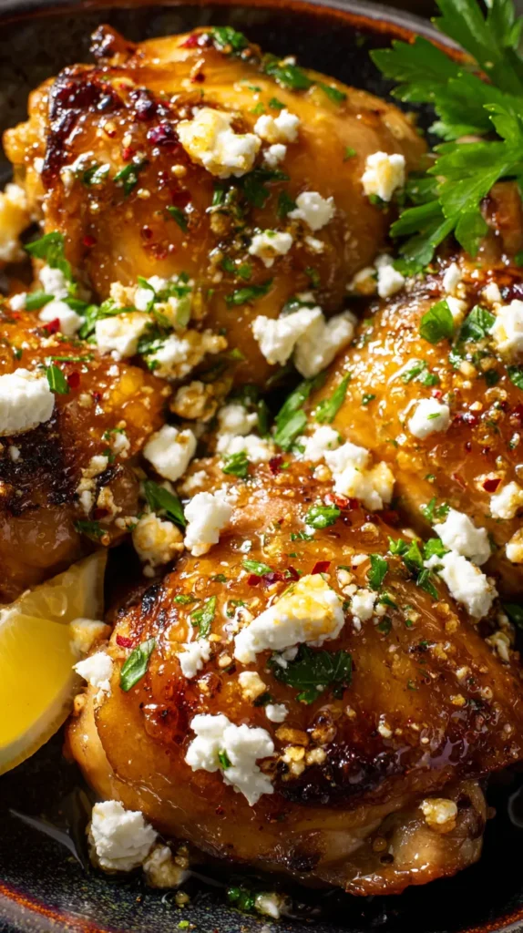 Hot honey feta chicken on a plate, with caramelized roasted thighs glazed in sticky spicy honey sauce, topped with crumbled feta, red pepper flakes, and chopped parsley.