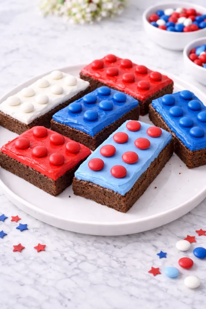 Rectangular homemade brownies topped with red, white, and blue frosting and matching candy pieces, styled on a white plate on a white marble countertop.