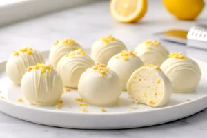 White chocolate lemon truffles on a white plate with one truffle cut open to show a creamy ivory center with tiny lemon zest flecks, topped with lemon zest and vanilla wafer crumbs on a marble countertop.