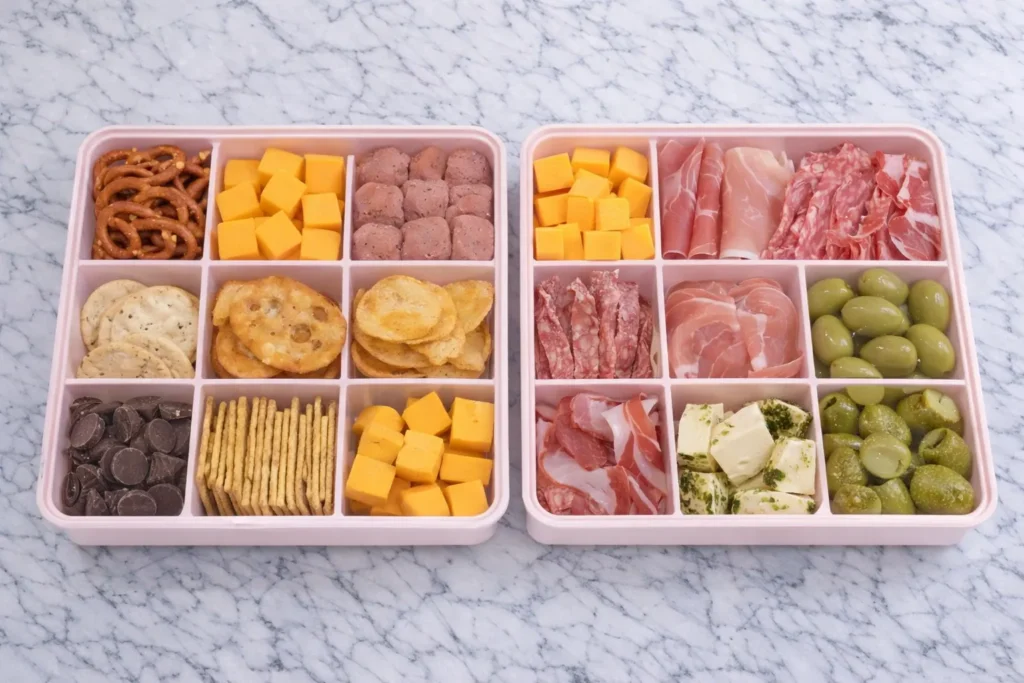 A snackle box with individual compartments holding candy, meats, cheese, cookies, crackers, and snack mix