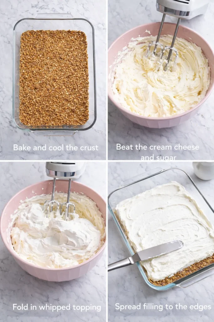 Four-step collage showing strawberry pretzel salad crust baked, cream cheese and sugar mixed, whipped topping folded in, and filling spread into a clear baking dish