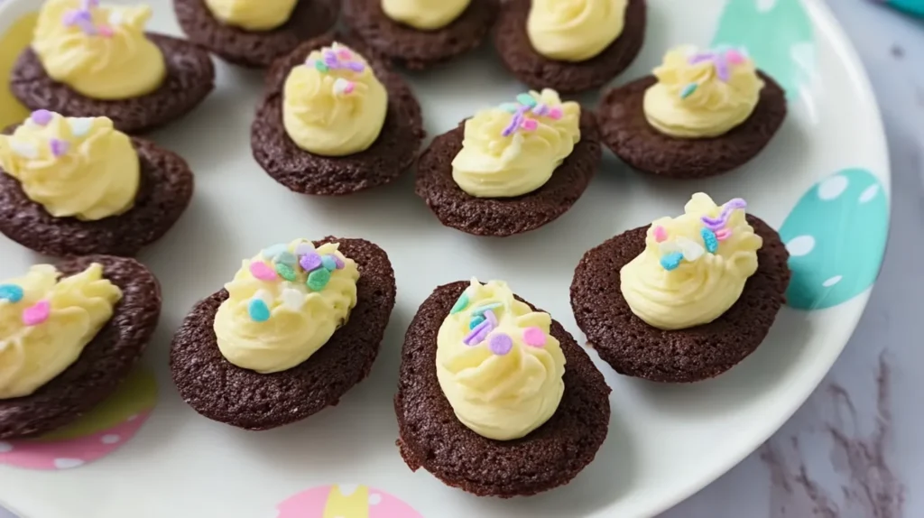 Easter-themed deviled egg brownies with light yellow frosting and pastel sprinkles displayed on a white platter over a white marble counter.