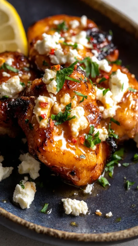 Hot honey feta chicken on a plate, with caramelized roasted thighs glazed in sticky spicy honey sauce, topped with crumbled feta, red pepper flakes, and chopped parsley.