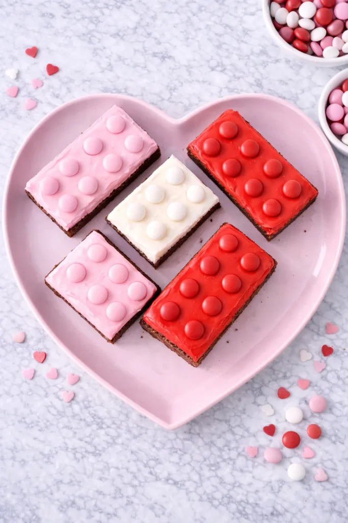 Overhead view of homemade brownies decorated with pink, red, and white frosting and matching candy pieces on a light pink heart-shaped plate on a white marble surface.