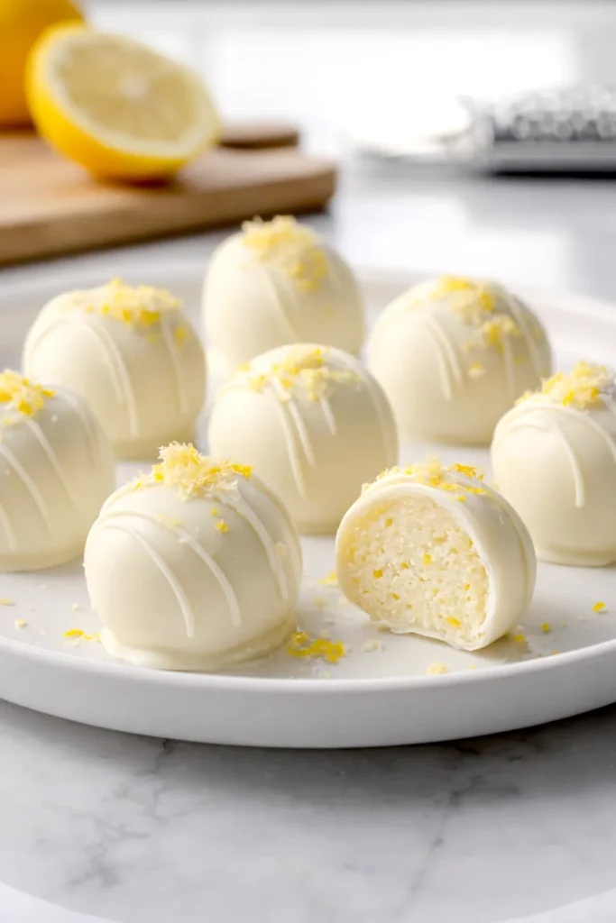 White chocolate lemon truffles on a white plate with one truffle cut open to show a creamy ivory center with tiny lemon zest flecks, topped with lemon zest and vanilla wafer crumbs on a marble countertop.