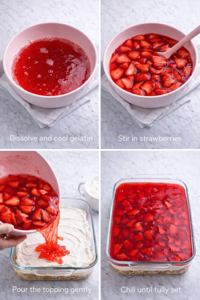 Four-step collage showing strawberry gelatin dissolved, strawberries stirred in, topping poured over creamy filling, and strawberry pretzel salad chilled until set