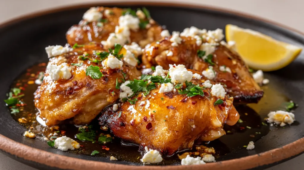 Hot honey feta chicken on a plate, with caramelized roasted thighs glazed in sticky spicy honey sauce, topped with crumbled feta, red pepper flakes, and chopped parsley.