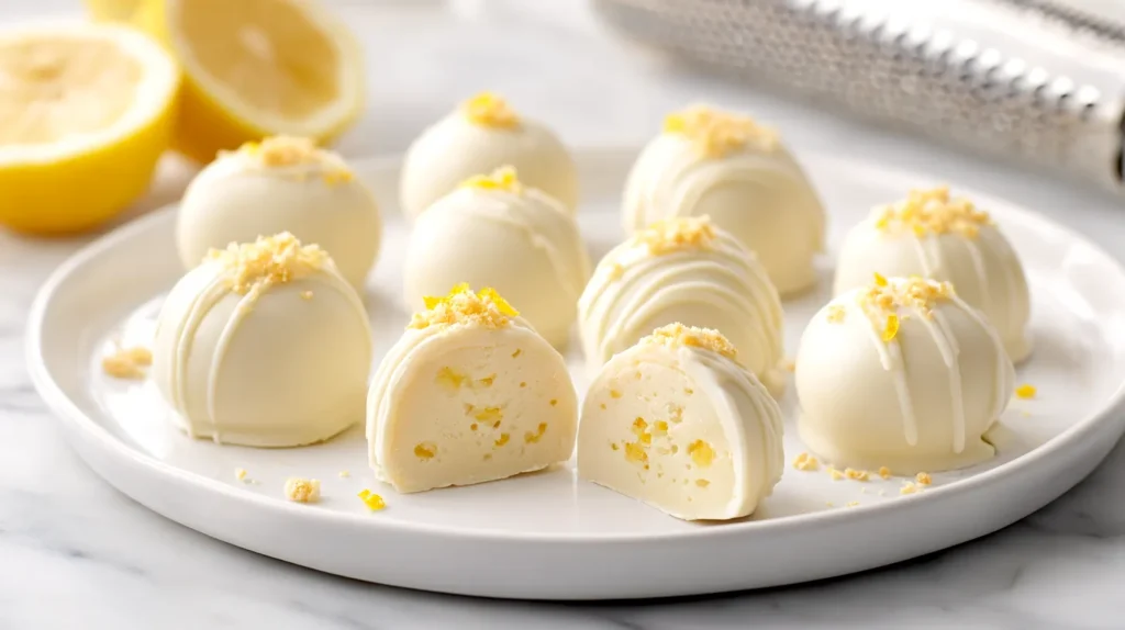 White chocolate lemon truffles on a white plate with one truffle cut open to show a creamy ivory center with tiny lemon zest flecks, topped with lemon zest and vanilla wafer crumbs on a marble countertop.