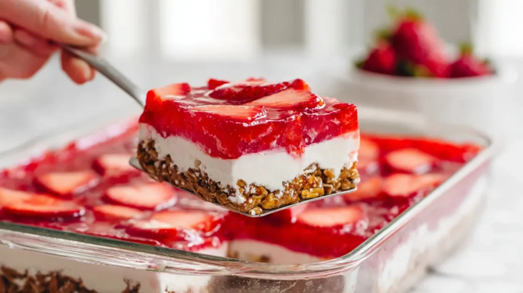 slice of strawberry pretzel salad being lifted from the glass baking pan