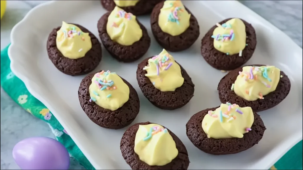 White platter holding Easter deviled egg brownies with piped pale yellow frosting and pastel sprinkles on a bright white marble countertop.