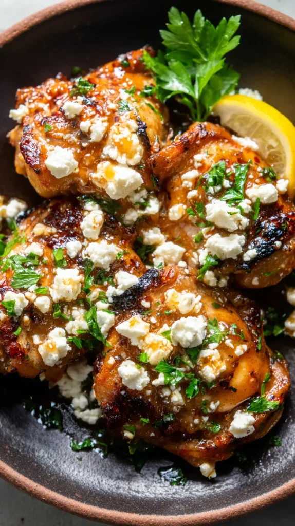 Hot honey feta chicken on a plate, with caramelized roasted thighs glazed in sticky spicy honey sauce, topped with crumbled feta, red pepper flakes, and chopped parsley.