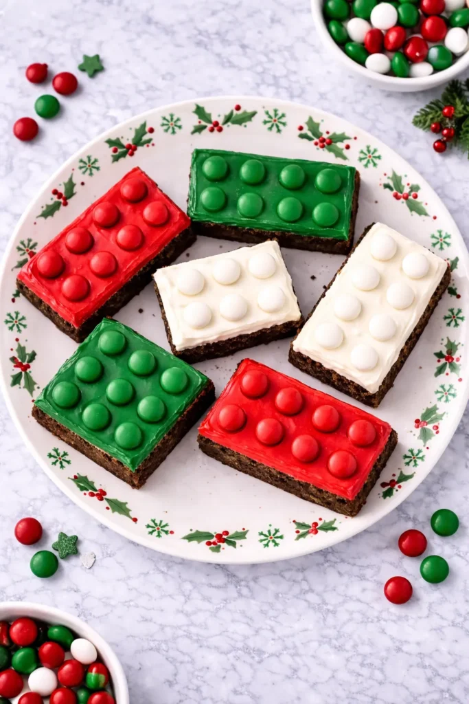 Overhead view of homemade brownies decorated with red, green, and white frosting and matching candy pieces on a holiday plate with holly detail on a white marble counter.