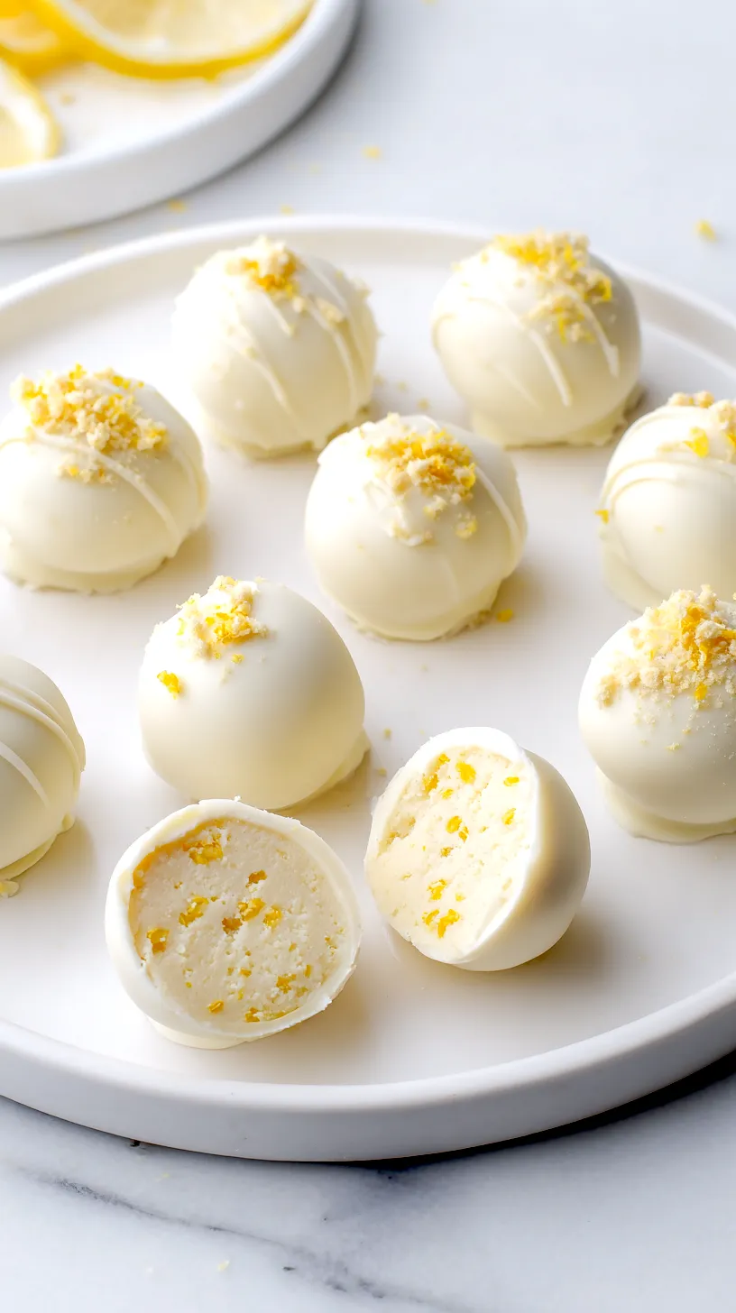 White chocolate lemon truffles on a white plate with one truffle cut open to show a creamy ivory center with tiny lemon zest flecks, topped with lemon zest and vanilla wafer crumbs on a marble countertop.