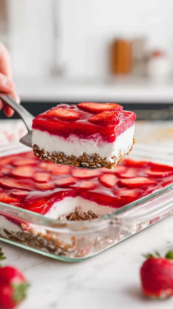 Vertical photo of strawberry pretzel salad slice being lifted with whipped topping and fresh strawberry slices on a white marble counter