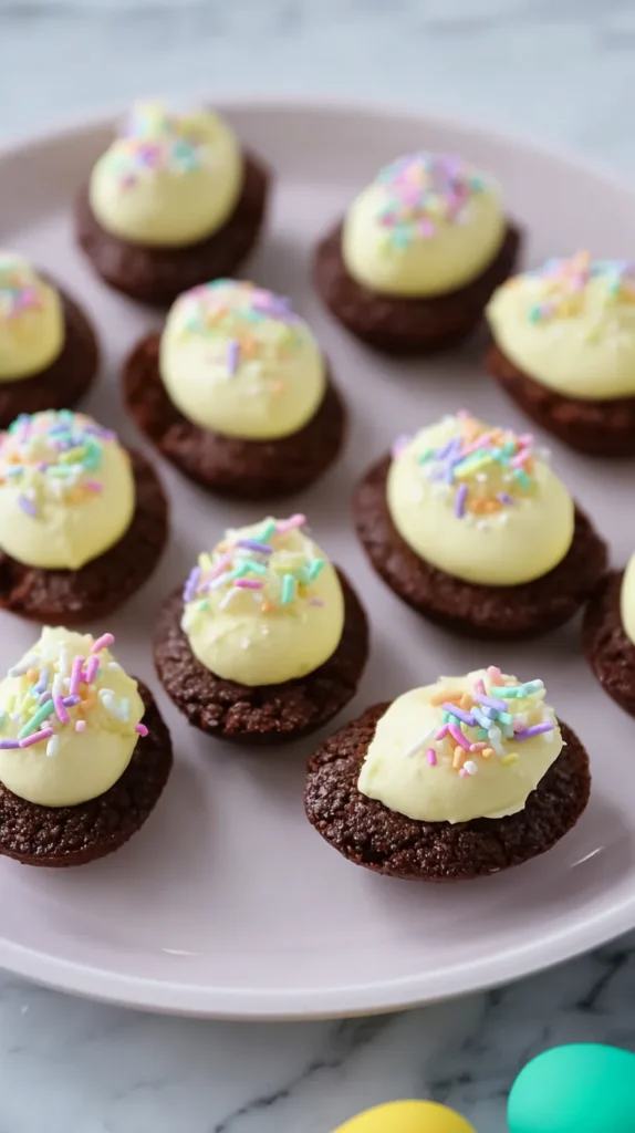 White serving platter filled with deviled egg brownies decorated with soft yellow icing and pastel sprinkles on a minimal white marble counter.