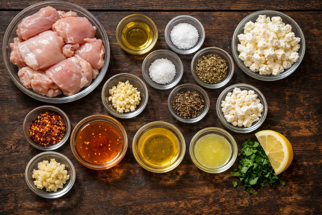 Overhead view of hot honey feta chicken ingredients in small glass bowls on a dark wooden counter, including raw chicken thighs, olive oil, honey, lemon juice, vinegar, minced garlic, spices, feta, and chopped parsley.