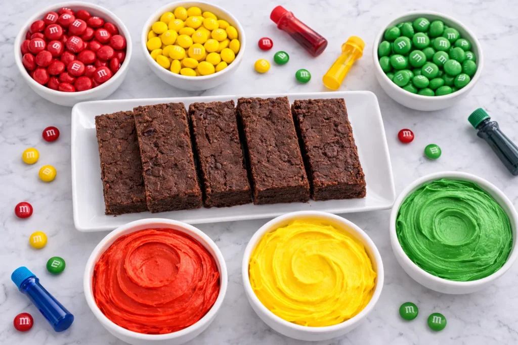 Overhead view of homemade chocolate brownie bars on a white rectangular plate, surrounded by bowls of red, yellow, and green M&Ms, matching red, yellow, and green frosting, and small bottles of food coloring on a white marble surface.