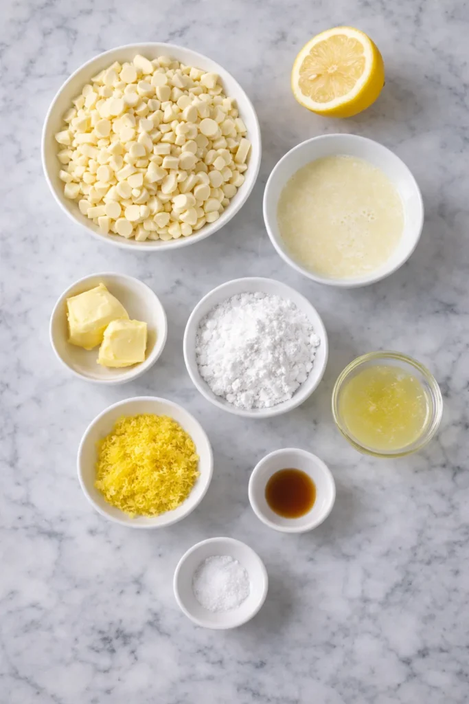 Overhead view of lemon truffle filling ingredients in small bowls on a white marble counter including white chocolate, butter, powdered sugar, lemon zest, lemon juice, vanilla extract, salt, and cream.