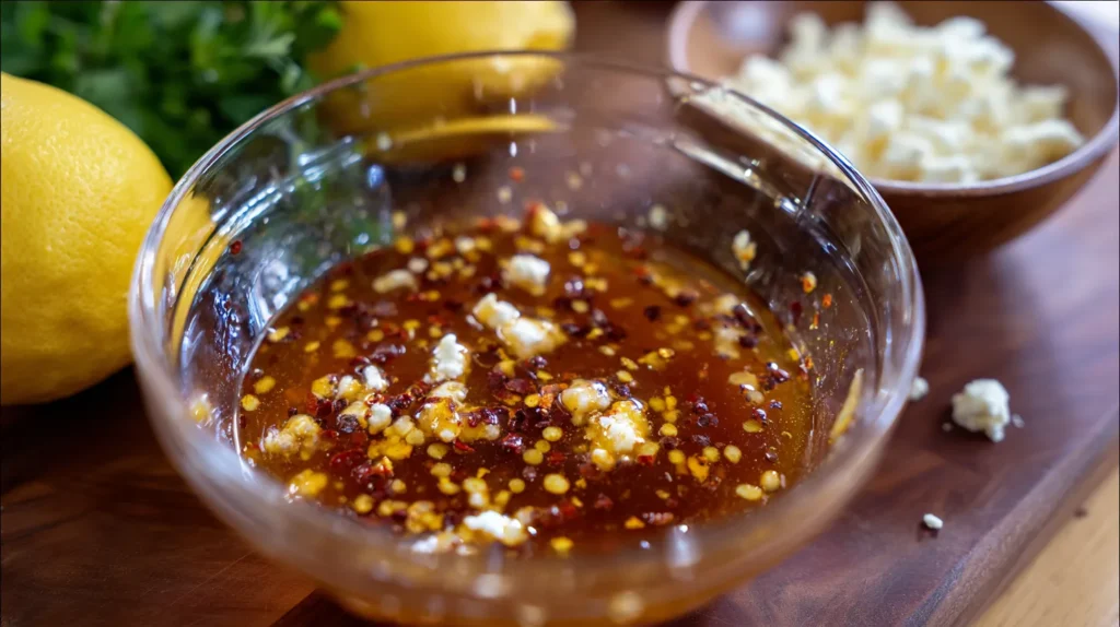 Close-up of a glass bowl of hot honey sauce mixed with minced garlic, red pepper flakes, lemon juice, vinegar, and crumbled feta, ready to pour over chicken.