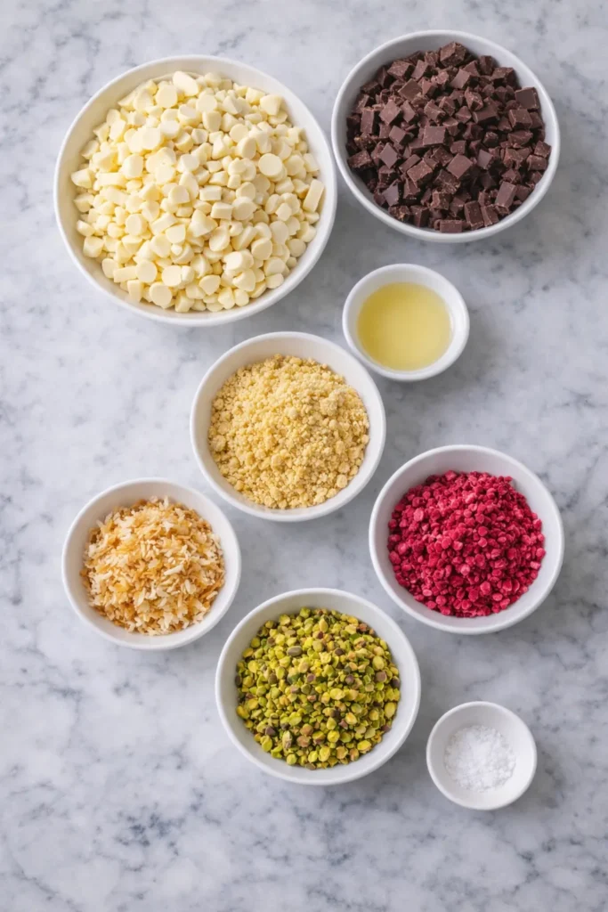 Overhead view of lemon truffle coating and topping ingredients in small bowls on a white marble counter including chopped white and dark chocolate, crushed vanilla wafers, pistachios, toasted coconut, freeze-dried raspberries, neutral oil, and flaky salt.