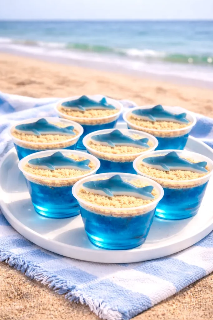jello cups with graham crackers and gummy sharks