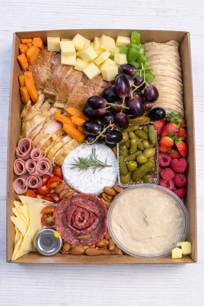 grazing box with pickles, meat, hummus, cheese, grapes