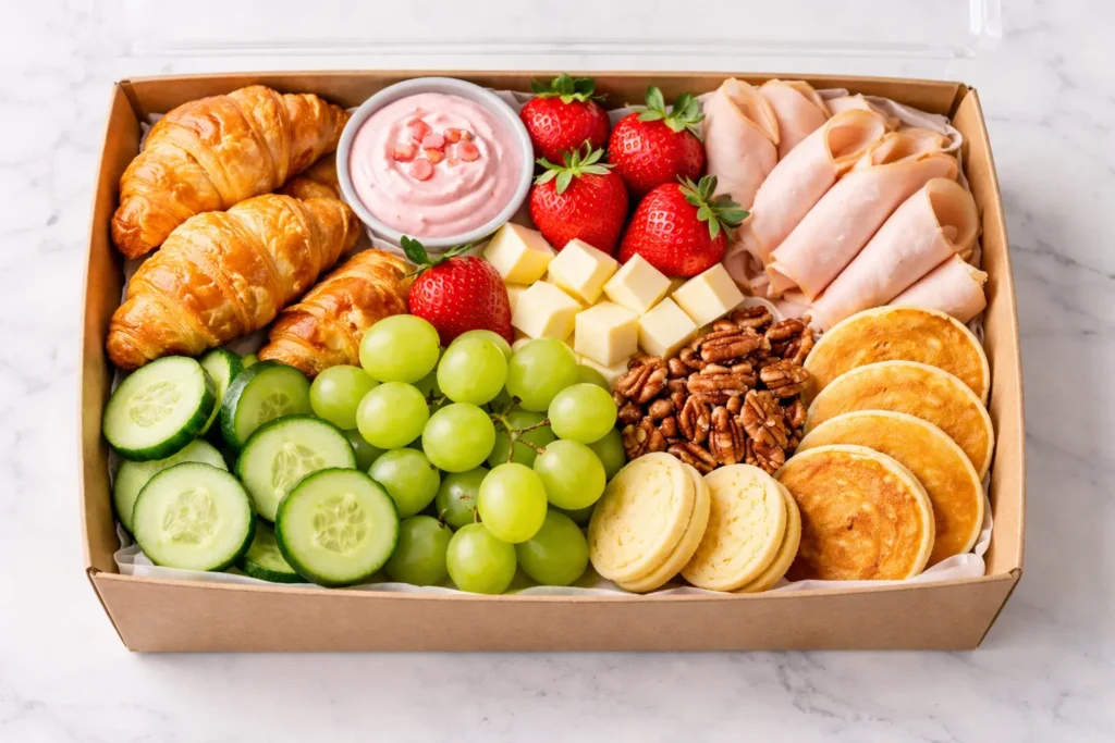 two-person brunch grazing box, fruits, croissants, meats, cookies