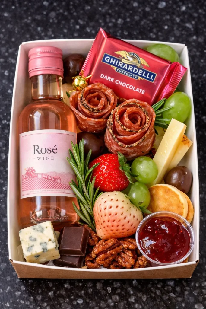 wine, cheese, snacks, in a cardboard container