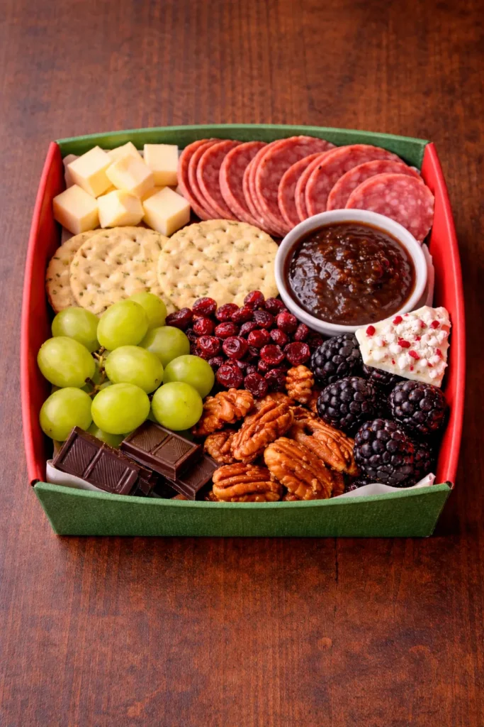 holiday themed grazing box, meats, cheese, crackers, chocolate