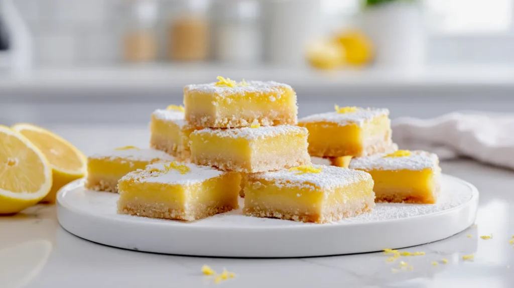 Close-up of lemon bars on a white plate with powdered sugar and fresh lemon zest