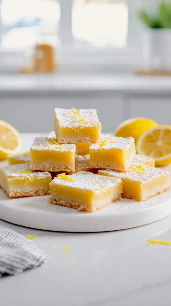 Homemade lemon bars with shortbread crust and smooth lemon filling on marble counter