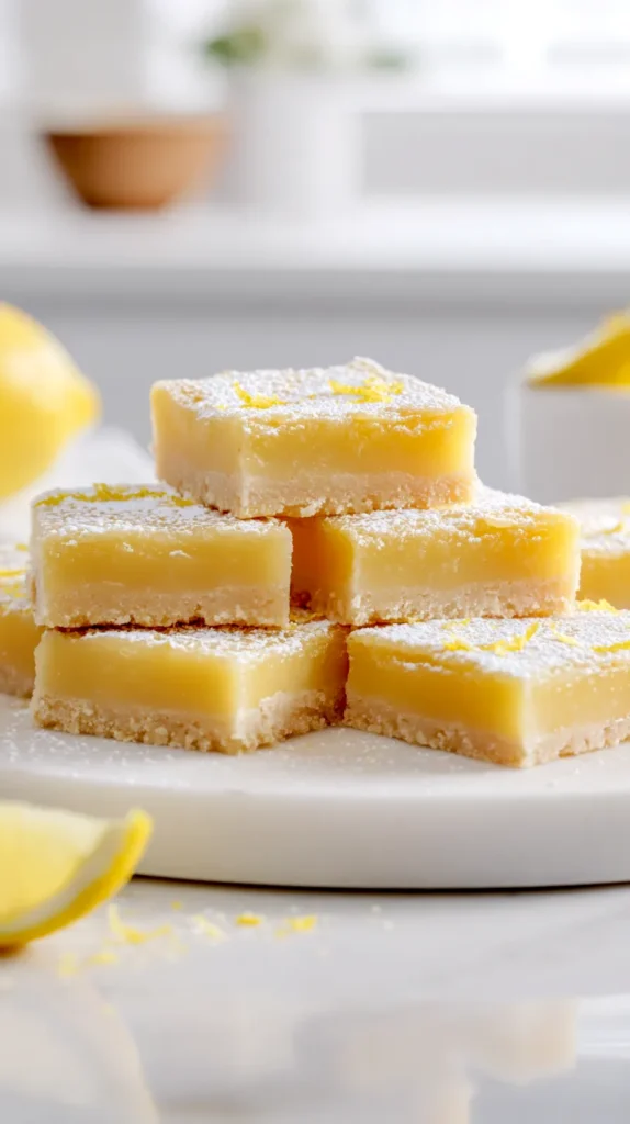 Lemon bars stacked on a plate with powdered sugar and sliced lemons in background
