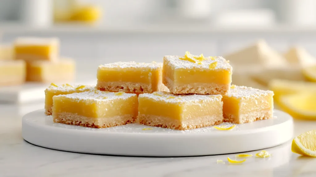 Fresh lemon bars with buttery crust and bright citrus filling dusted with sugar