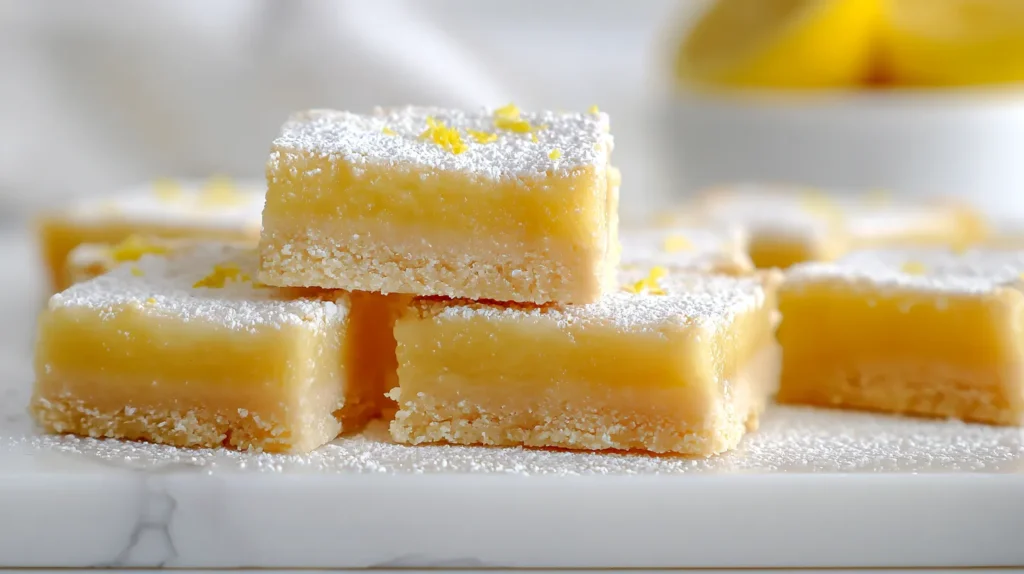 Close-up of homemade lemon bars stacked on a white plate, dusted with powdered sugar and lemon zest, with lemons in the background.