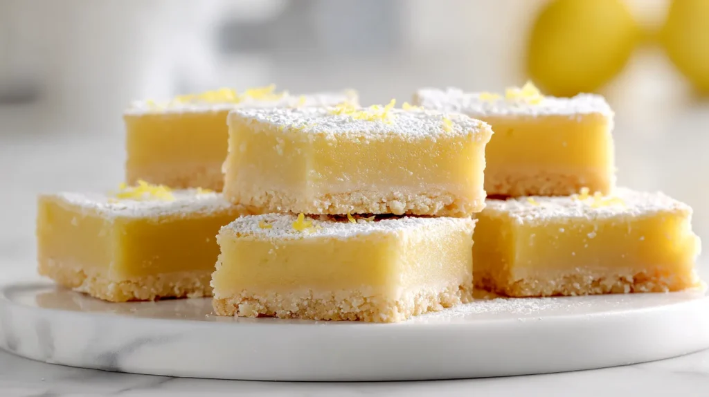 Soft lemon bars with pale yellow filling and crumbly crust on white plate